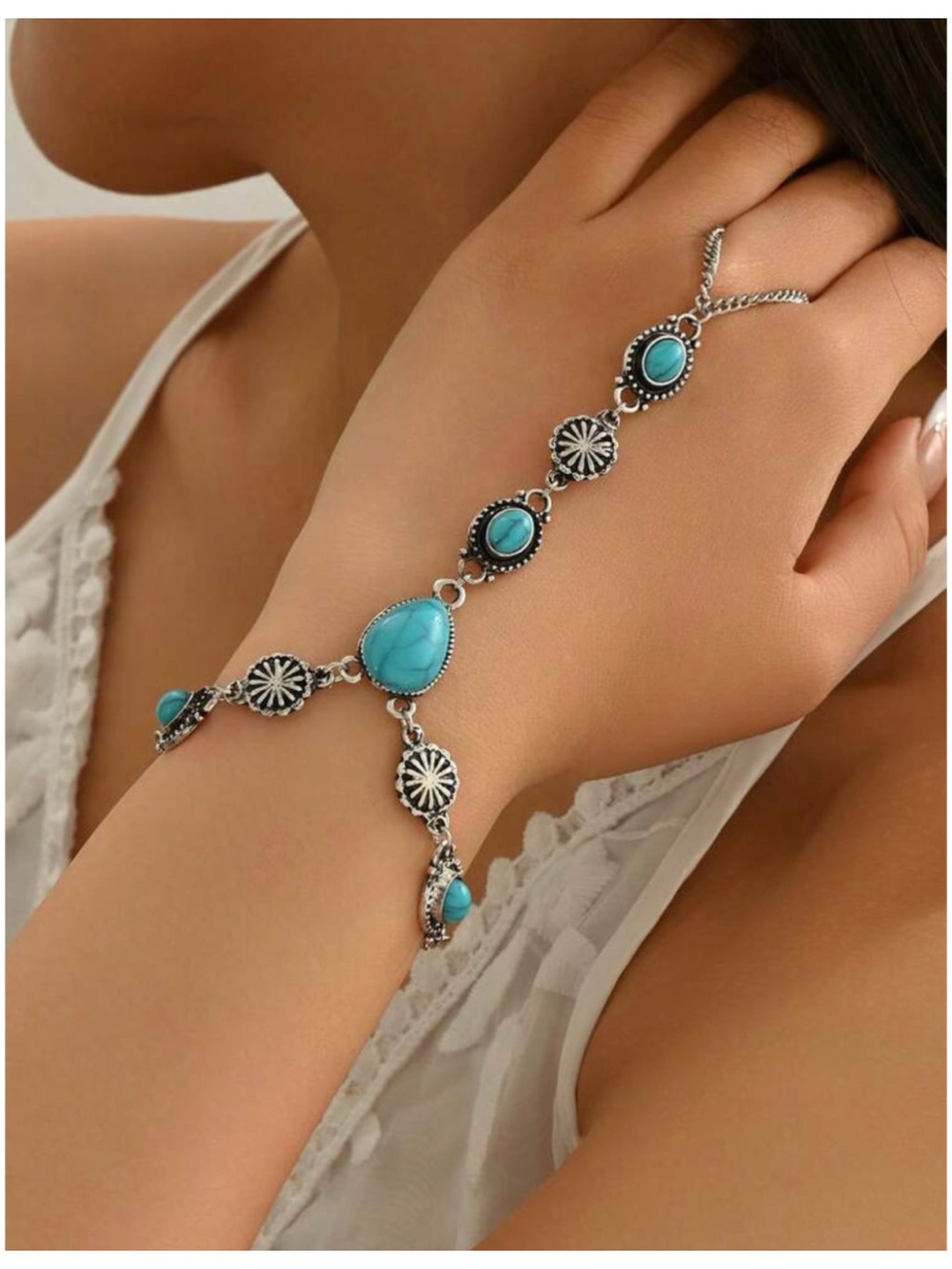 Bohemian turquoise silver hand chain bracelet, new!